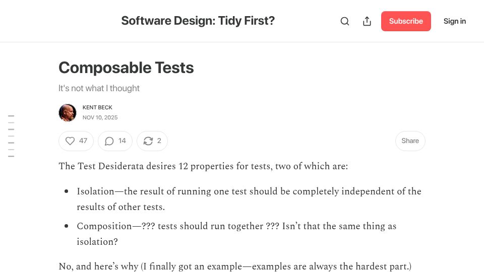 Screenshot of newsletter.kentbeck.com: Composable Tests