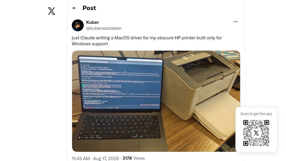 Screenshot of twitter.com: Claude writing a macOS driver for my obscure HP printer built only for Windows