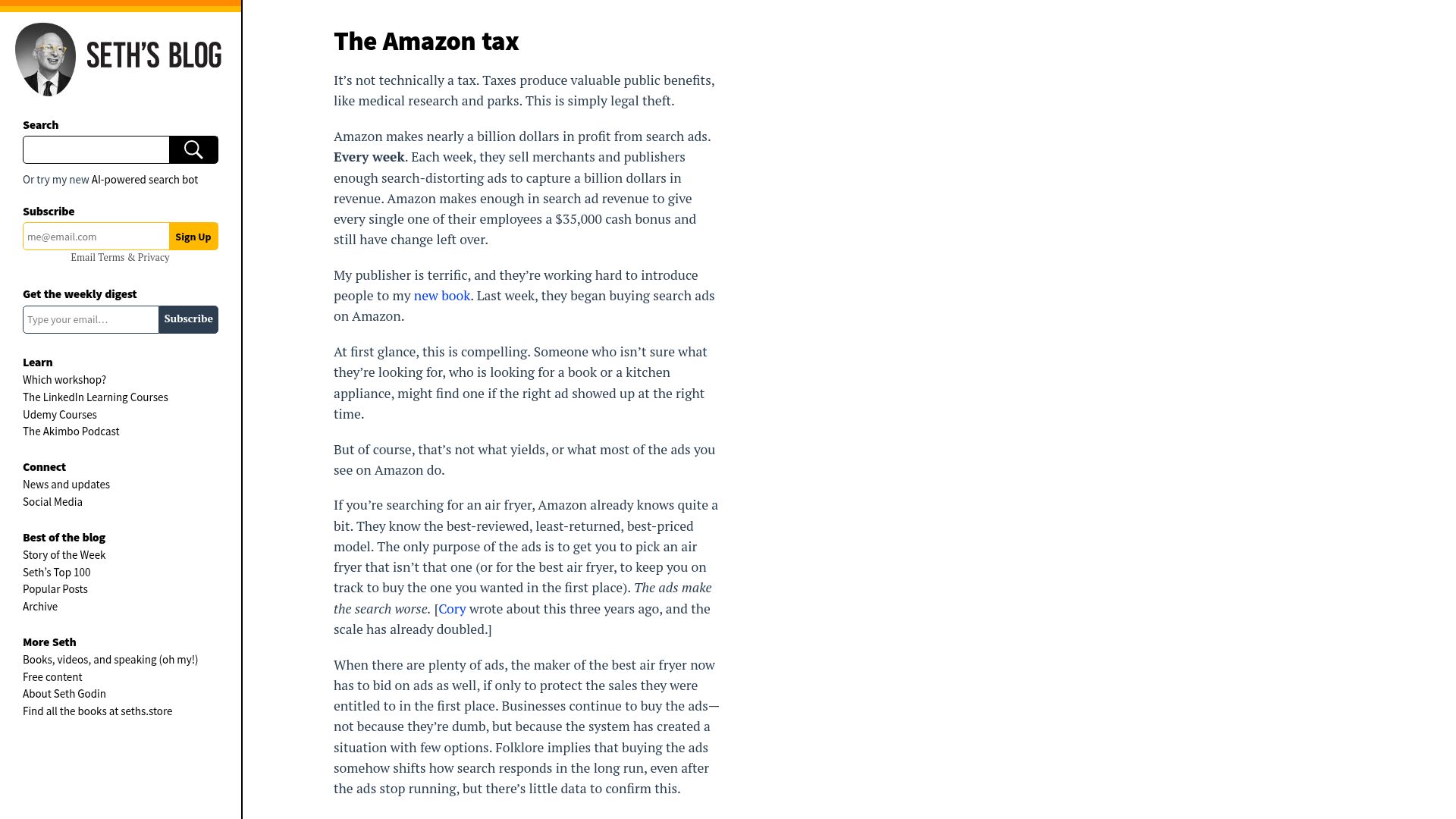 Screenshot of seths.blog: The Amazon tax