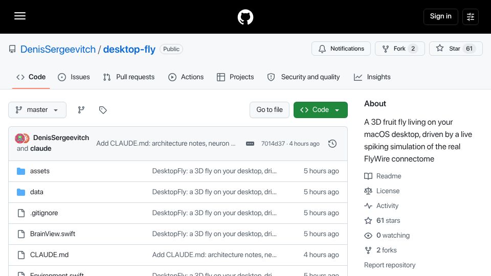 Screenshot of github.com: A 3D fruit fly on macOS desktop powered by the real FlyWire connectome