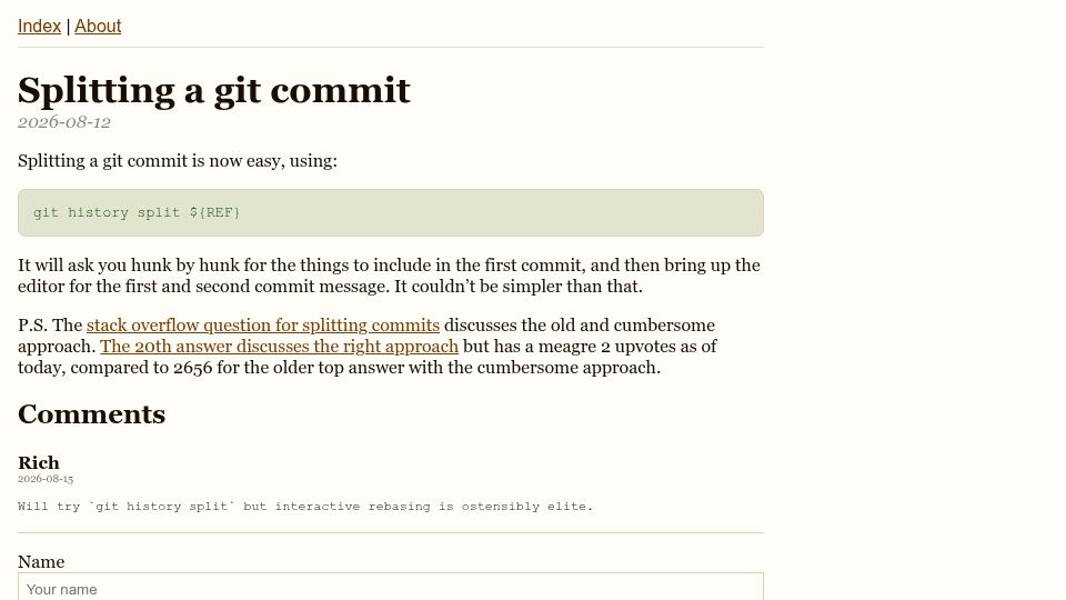 Screenshot of blog.gnoack.org: Splitting a Git Commit