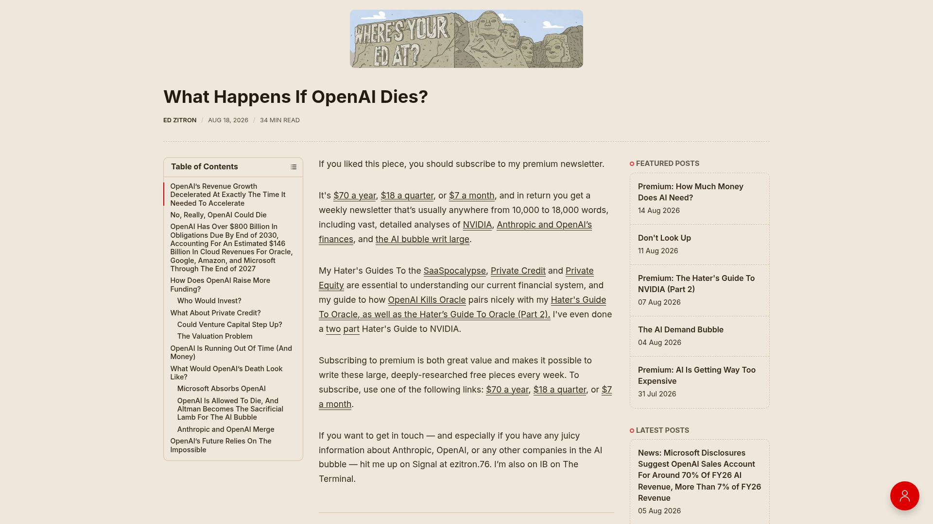 Screenshot of wheresyoured.at: What Happens If OpenAI Dies?