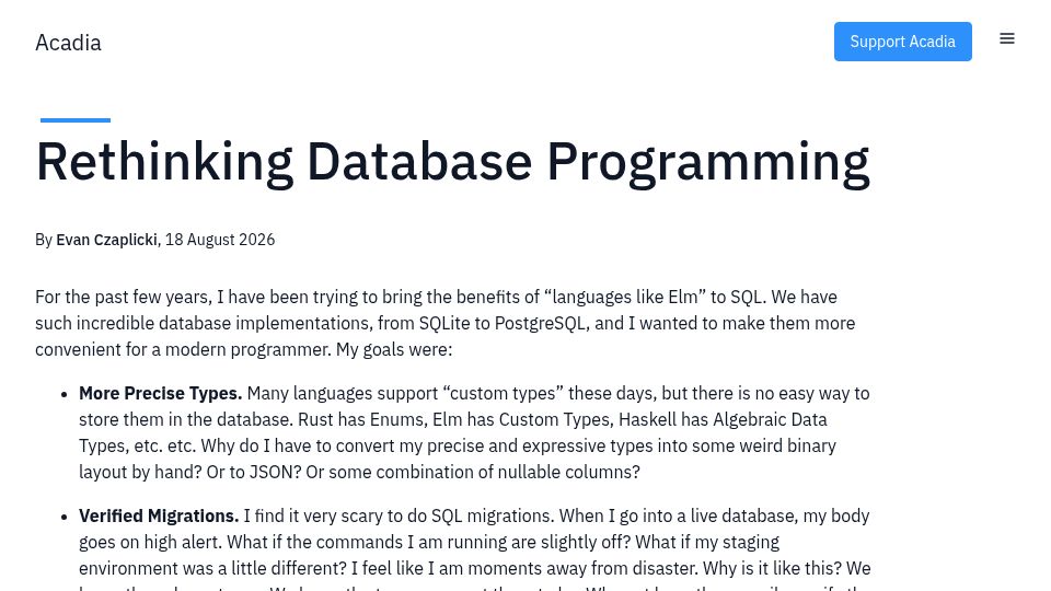 Screenshot of acadia.engineering: Rethinking Database Programming