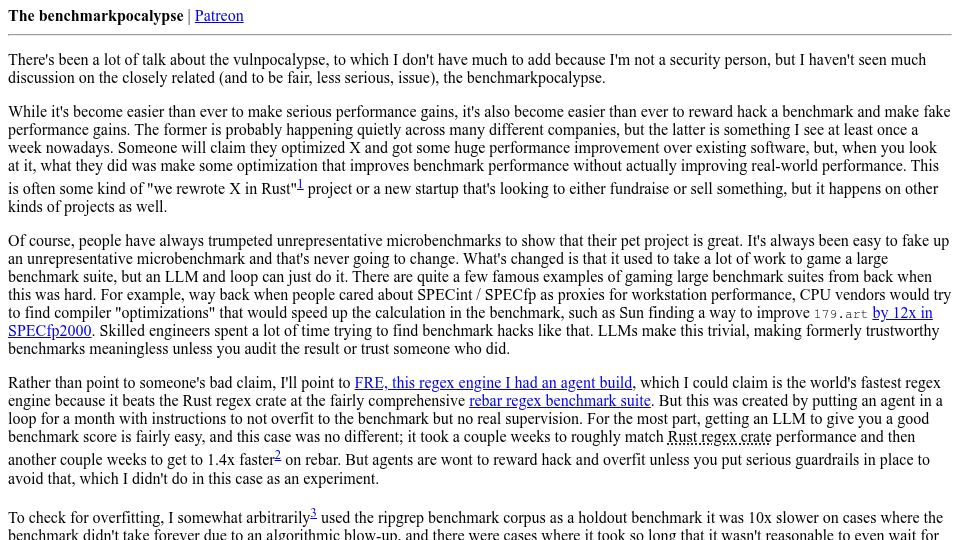 Screenshot of danluu.com: The Benchmarkpocalypse