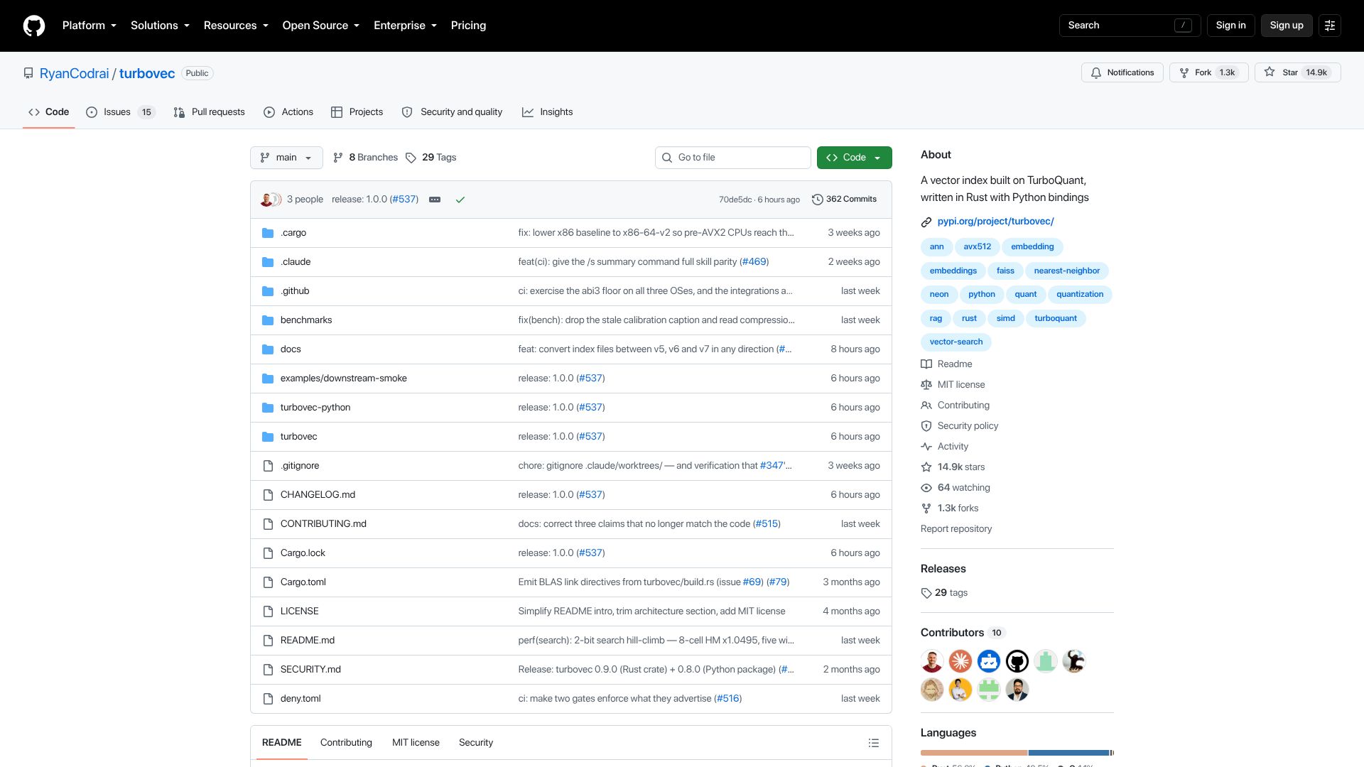 Screenshot of github.com: Turbovec – Google's TurboQuant for vector search in Rust