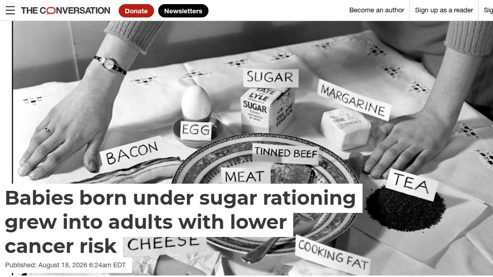Screenshot of theconversation.com: Babies born under sugar rationing grew into adults with lower cancer risk