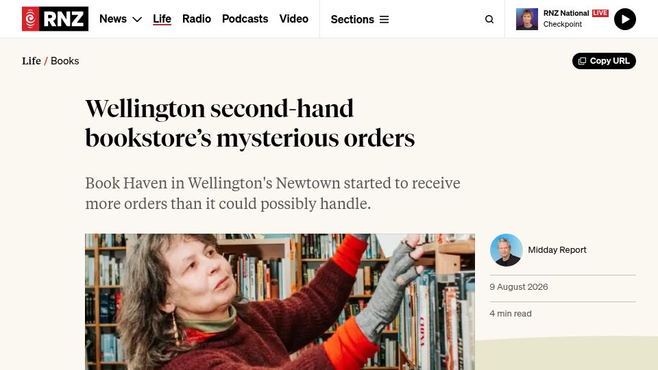 Screenshot of rnz.co.nz: Wellington second-hand bookstore's mysterious orders