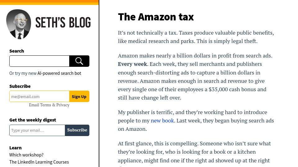 Screenshot of seths.blog: The Amazon tax