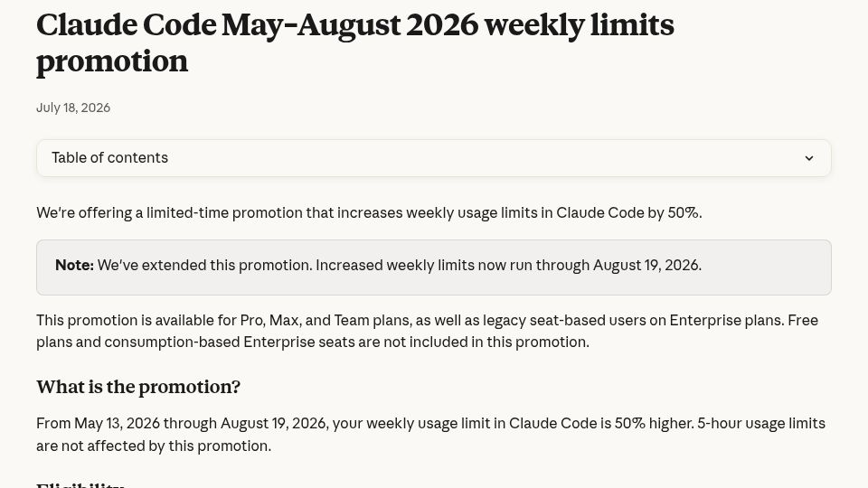 Screenshot of support.claude.com: Claude Code May–August 2026 weekly limits promotion