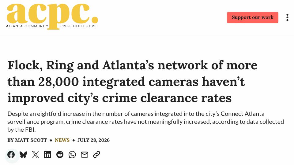 Screenshot of atlpresscollective.com: Flock cameras haven't improved Atlanta's crime clearance rates
