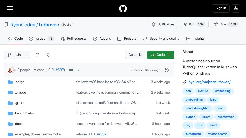 Screenshot of github.com: Turbovec – Google's TurboQuant for vector search in Rust