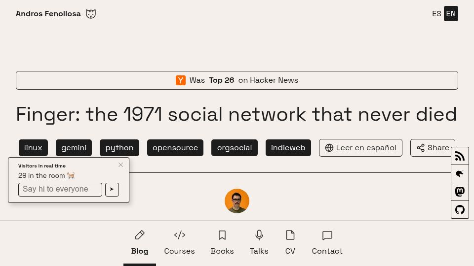 Screenshot of en.andros.dev: Finger: the 1971 social network that never died