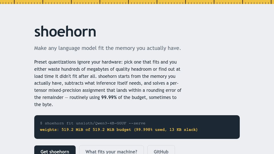 Screenshot of notactuallytreyanastasio.github.io: Show HN: Shoehorn – Quantize any model down to run on your machine