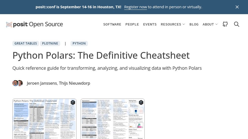 Screenshot of opensource.posit.co: Python Polars Cheatsheet (based on our O'Reilly book)
