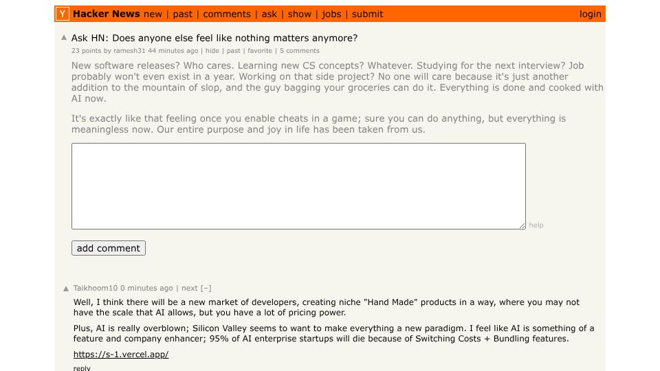 Screenshot of Hacker News post: Ask HN: Does anyone else feel like nothing matters anymore?