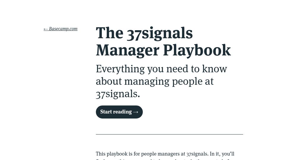 Screenshot of basecamp.com: The 37signals Manager Playbook
