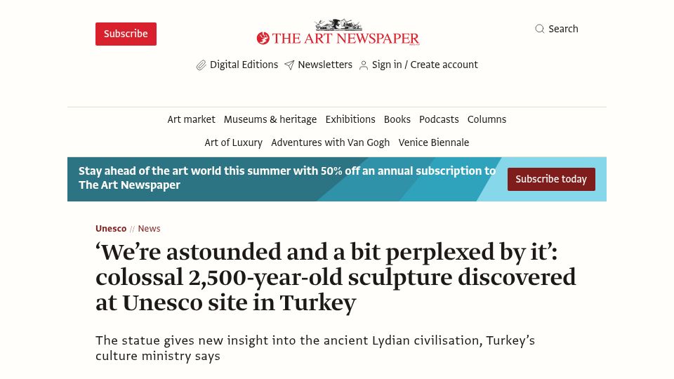 Screenshot of theartnewspaper.com: 2,500-year-old sculpture discovered at UNESCO site in Turkey