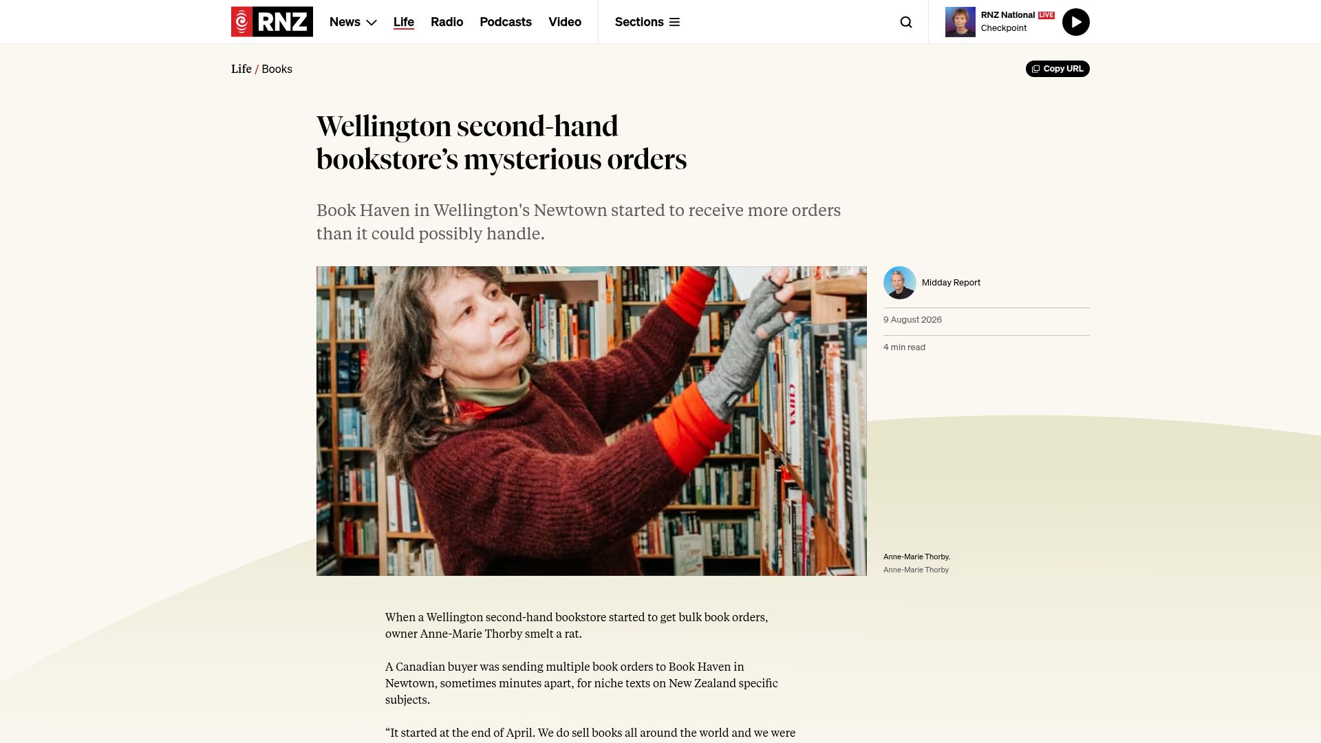 Screenshot of rnz.co.nz: Wellington second-hand bookstore's mysterious orders