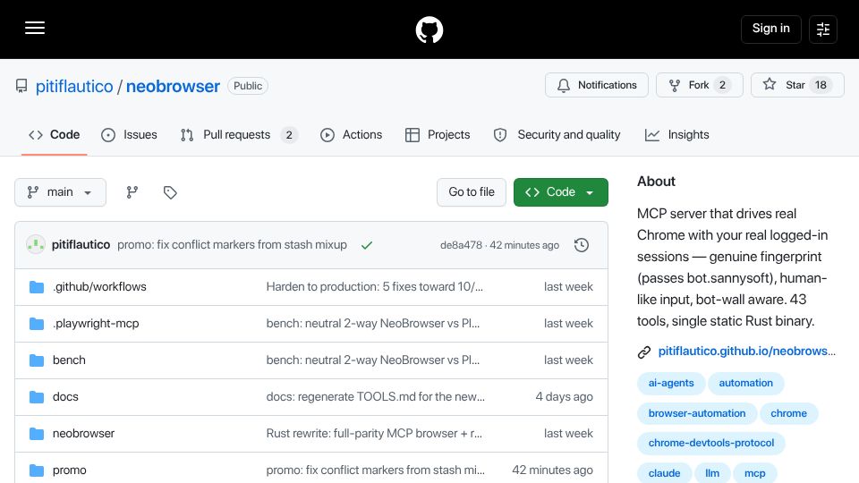 Screenshot of github.com: NeoBrowser: An MCP server that drives real Chrome with your logged-in sessions