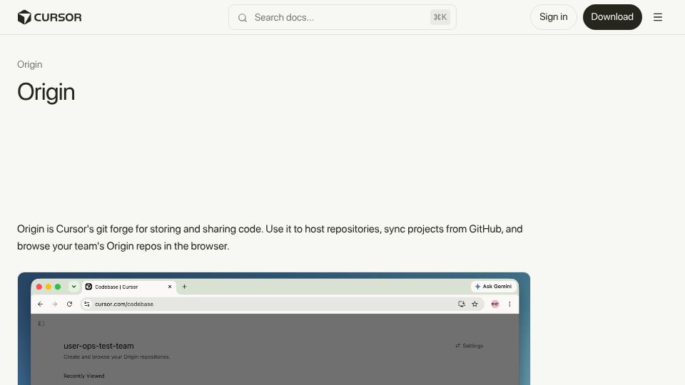 Screenshot of cursor.com: Cursor Origin