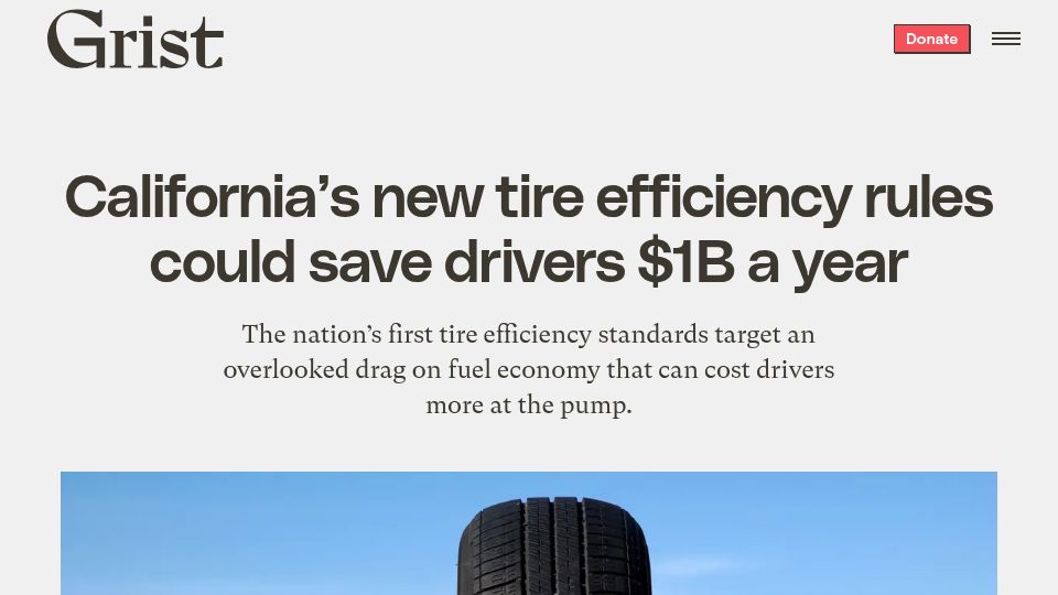Screenshot of grist.org: California's new tire efficiency rules could save drivers $1B a year