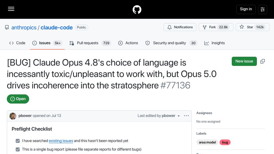 Screenshot of github.com: Opus 5.0 drives incoherence into the stratosphere