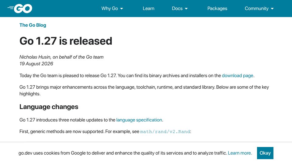 Screenshot of go.dev: Go 1.27