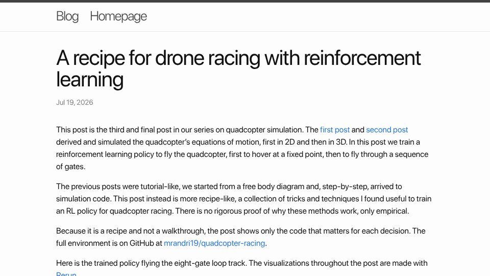Screenshot of mrandri19.github.io: A recipe for drone racing with reinforcement learning