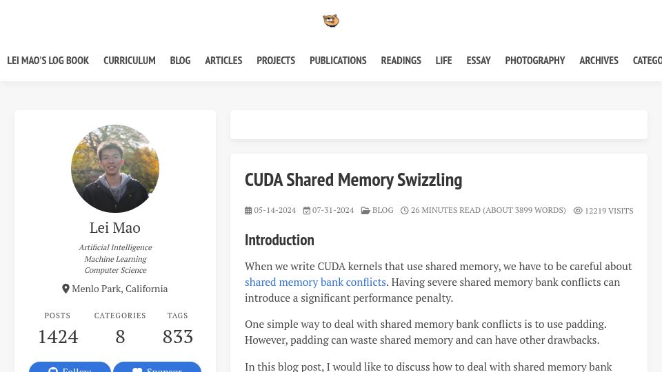 Screenshot of leimao.github.io: CUDA Shared Memory Swizzling