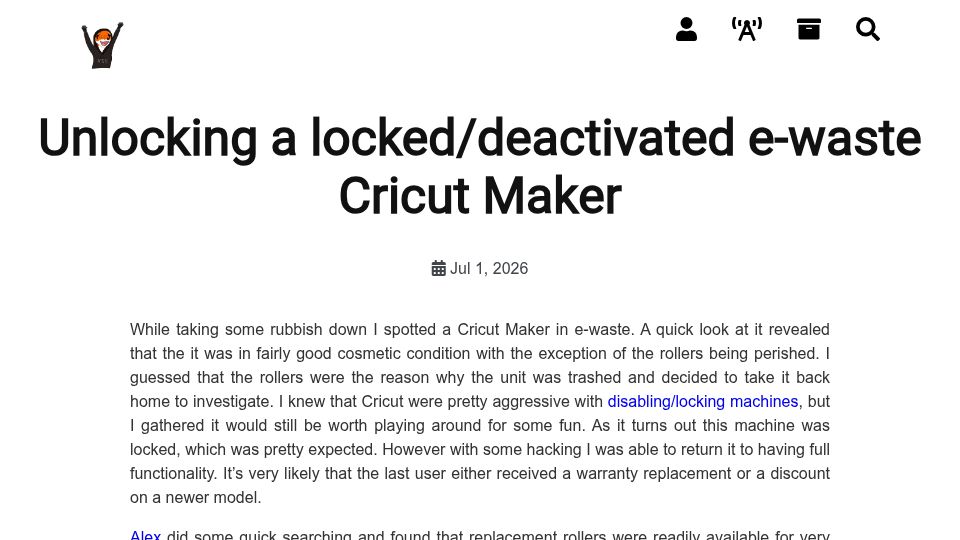 Screenshot of sprocketfox.io: Unlocking a locked/deactivated e-waste Cricut Maker