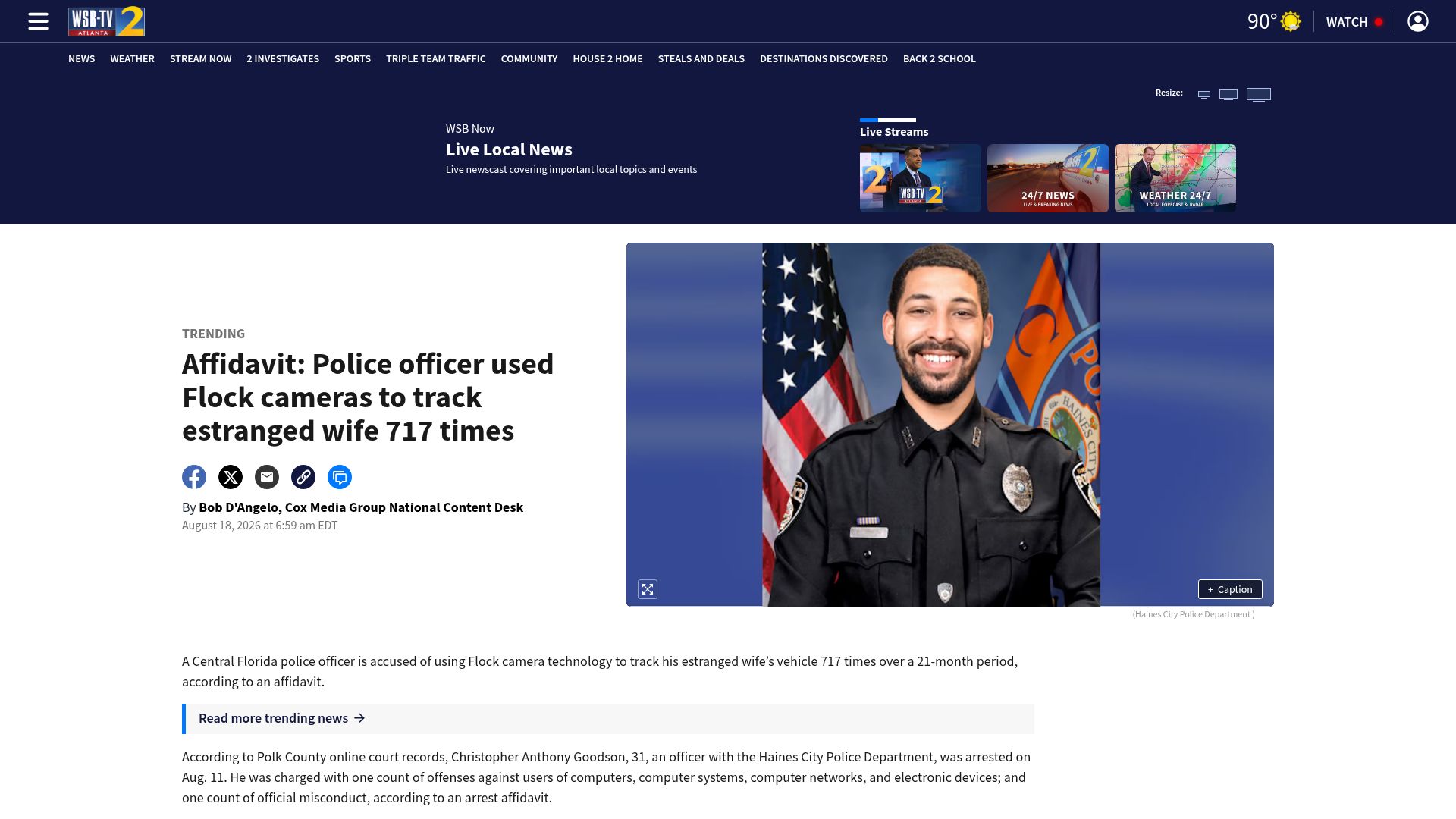 Screenshot of wsbtv.com: Police officer used Flock cameras to track estranged wife 717 times