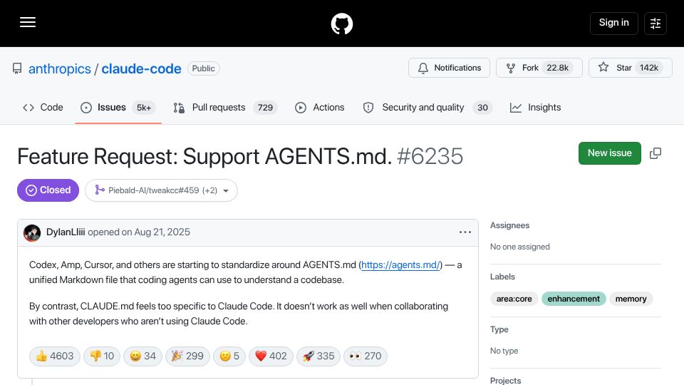 Screenshot of github.com: Feature Request: Support AGENTS.md