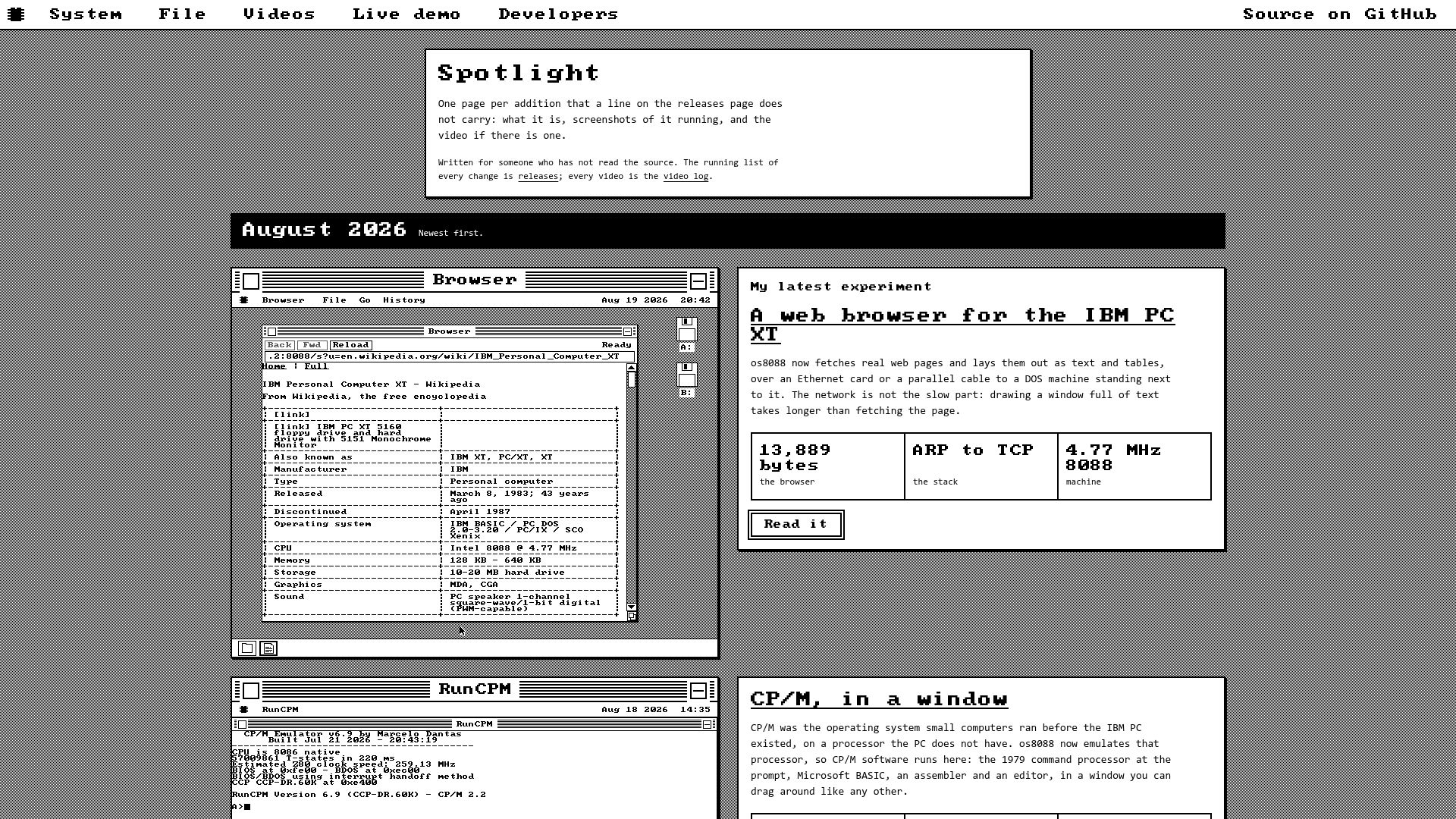 Screenshot of os8088.com: Os8088.com: IBM XT OS now has a Browser, CP/M 2.2 with Z80 core and MS Word 1.1a