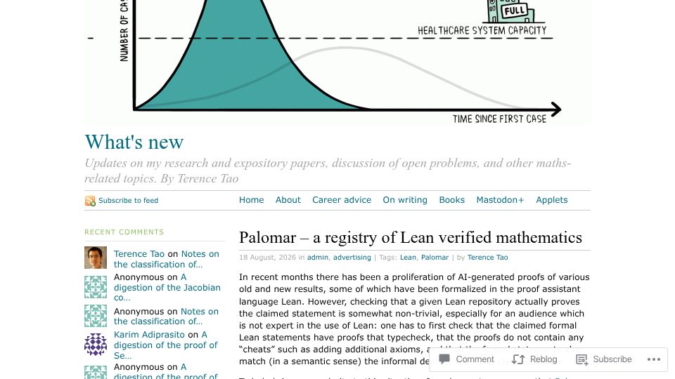Screenshot of terrytao.wordpress.com: Palomar: A registry of Lean verified mathematics