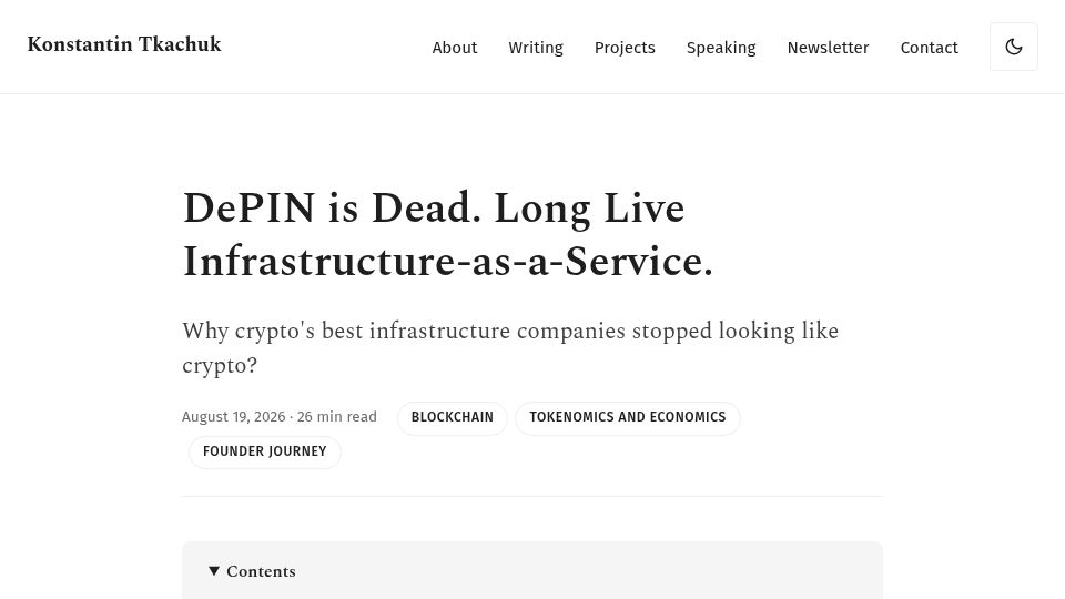Screenshot of konstantintkachuk.com: Why crypto's best infrastructure companies stopped looking like crypto?