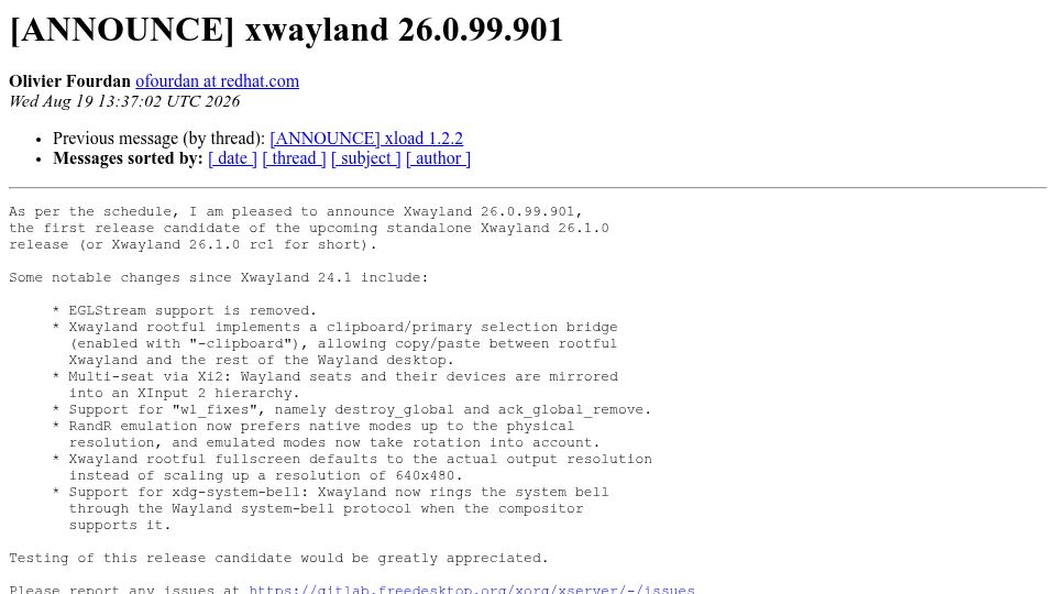 Screenshot of lists.x.org: Xwayland 26.1.0 rc1