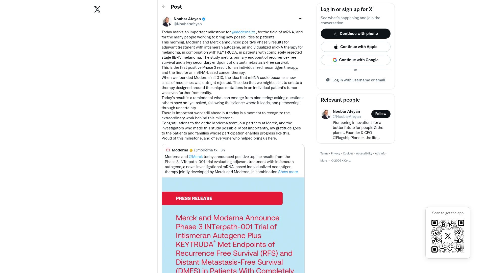 Screenshot of twitter.com: Moderna reports first positive Phase 3 for mRNA neoantigen therapy in melanoma