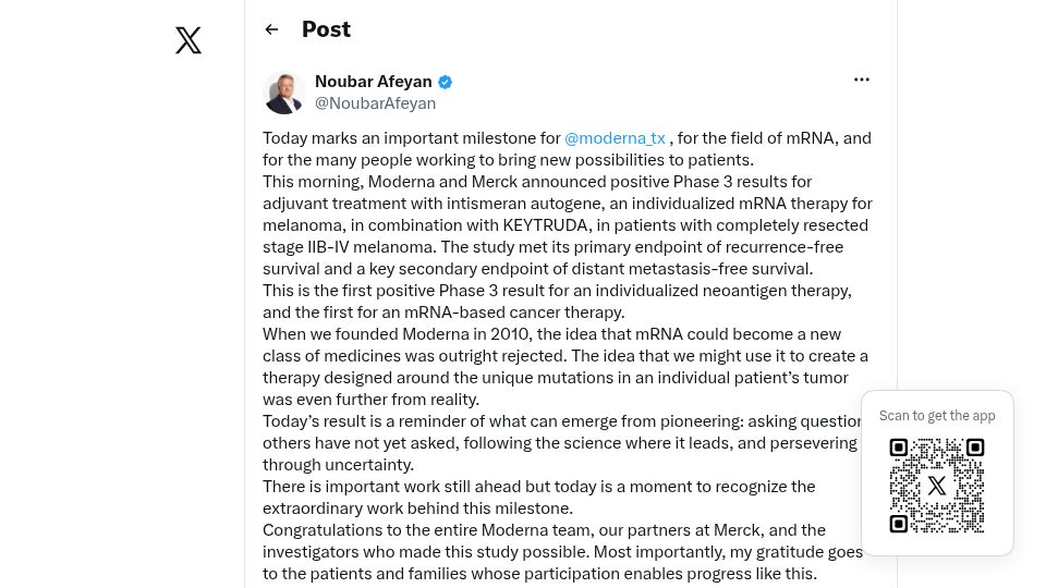 Screenshot of twitter.com: Moderna reports first positive Phase 3 for mRNA neoantigen therapy in melanoma