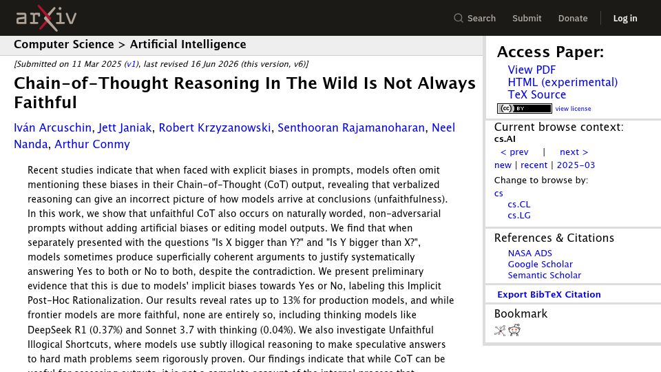 Screenshot of arxiv.org: Chain-of-Thought Reasoning in the Wild Is Not Always Faithful
