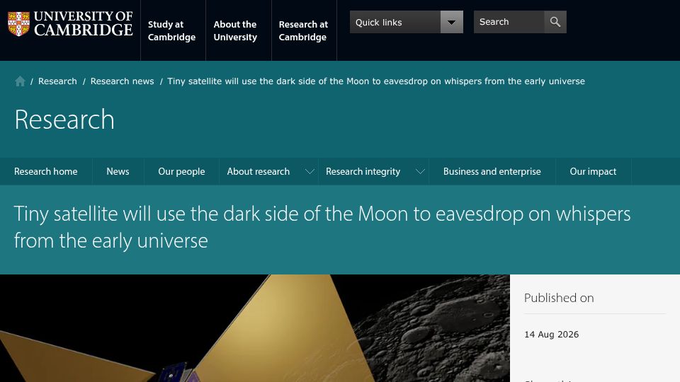 Screenshot of cam.ac.uk: Tiny satellite will use the dark side of the Moon as a shield