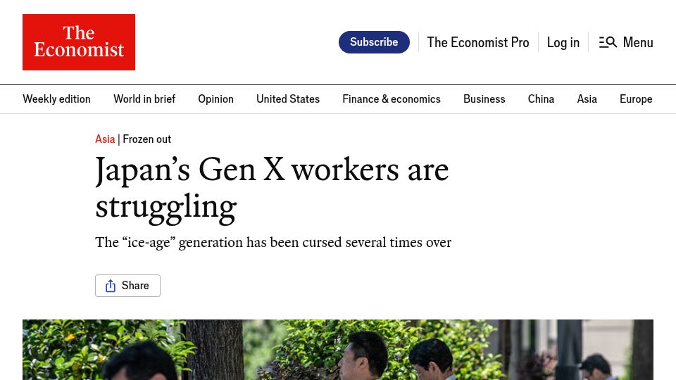 Screenshot of economist.com: Japan's Gen X workers are struggling