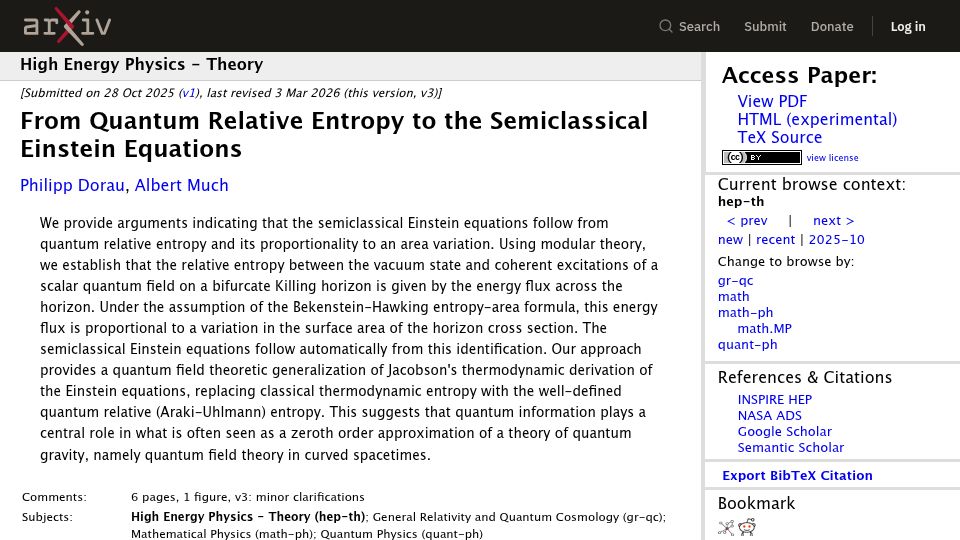 Screenshot of arxiv.org: From Quantum Relative Entropy to the Semiclassical Einstein Equations (2025)