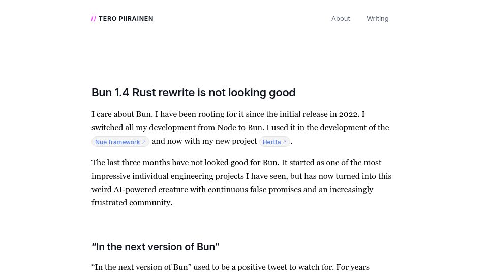 Screenshot of tipiirai.com: Bun 1.4 Rust rewrite is not looking good