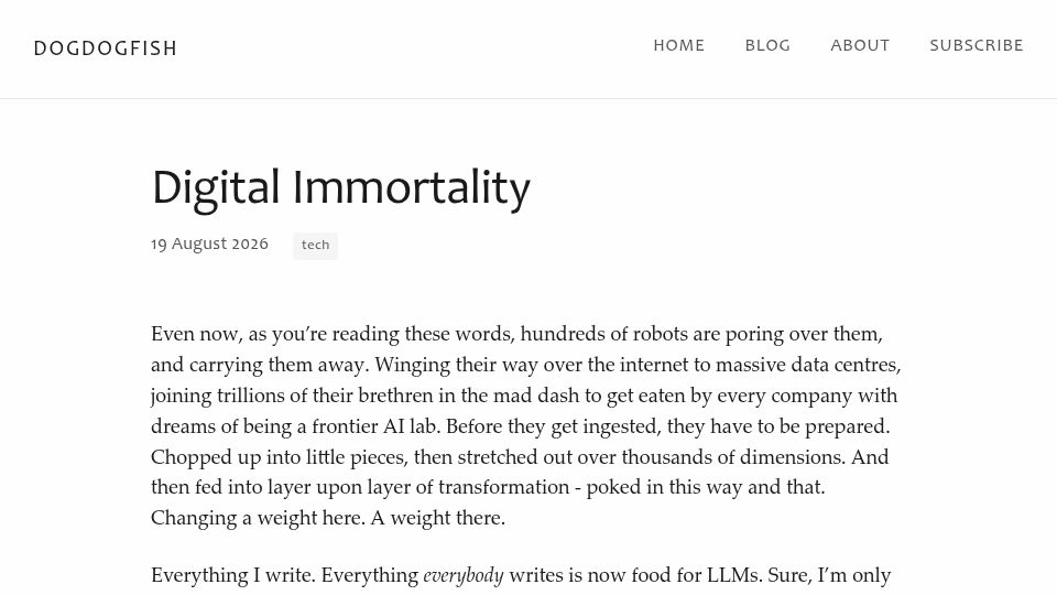 Screenshot of dogdogfish.com: Digital Immortality