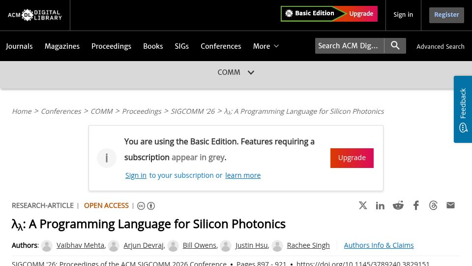 Screenshot of dl.acm.org: λλ: A Programming Language for Silicon Photonics