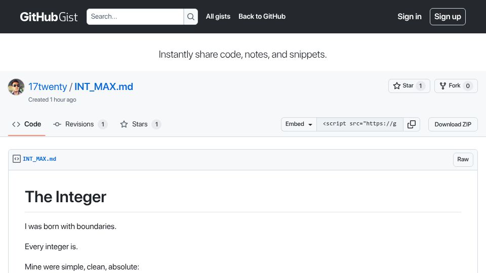 Screenshot of gist.github.com: The Integer