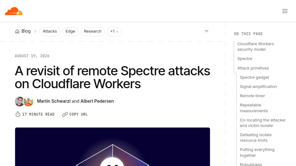 Screenshot of blog.cloudflare.com: A revisit of remote Spectre attacks on Cloudflare Workers