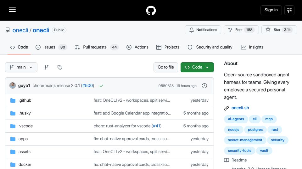 Screenshot of github.com: Launch HN: OneCLI (YC S26) – OSS sandboxed agent harness for teams