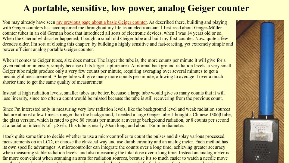 Screenshot of ludens.cl: A portable, sensitive, low power, analog Geiger counter (2025)