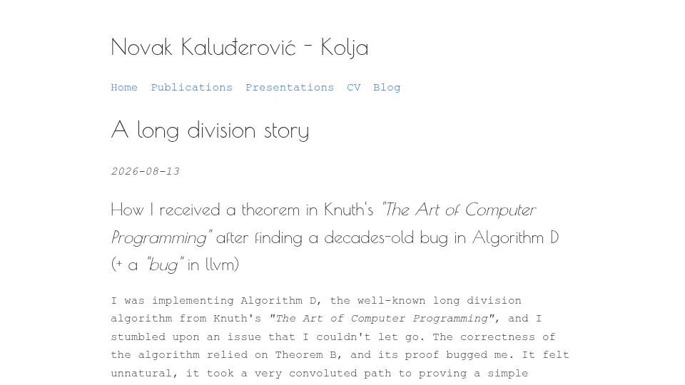 Screenshot of kolja.rs: A decades-old bug in Knuth's long division (TAOCP Vol II, Algorithm 4.3.1D)